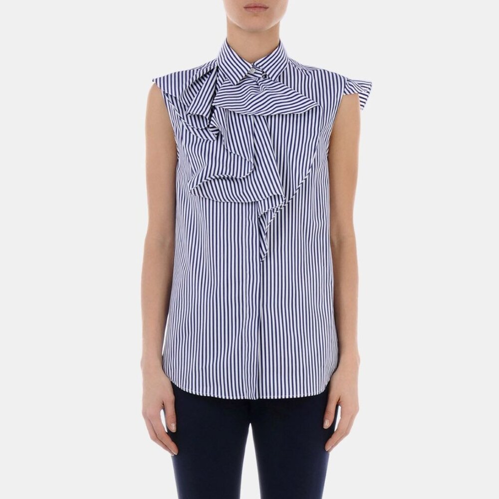 Jil Sander Aghata Dark Blue Cotton Striped Drape Blouse